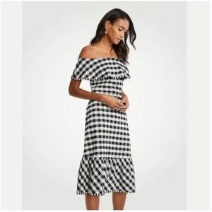 Ann Taylor‎ sz 4 Black White Gingham  Ruffle Midi Dress Milkmaid Cottagecore